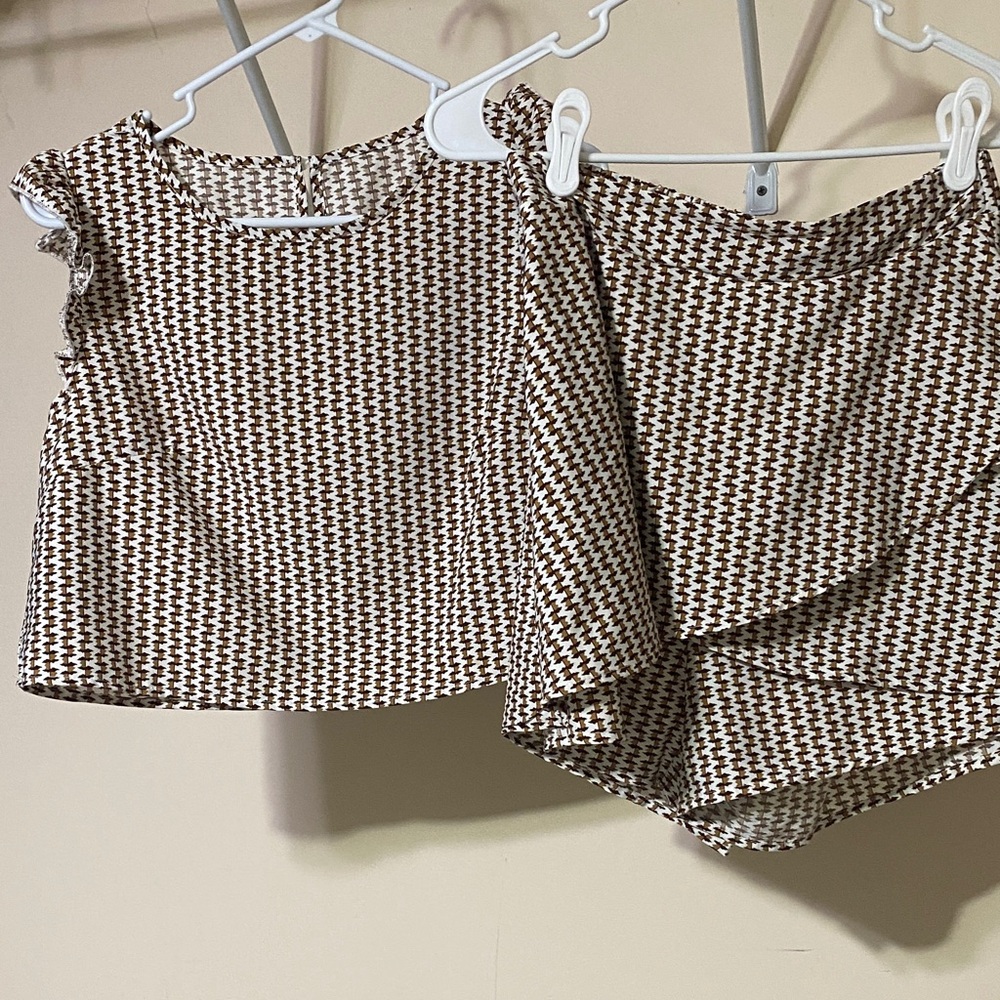Brown and White Houndstooth Two-Piece Set